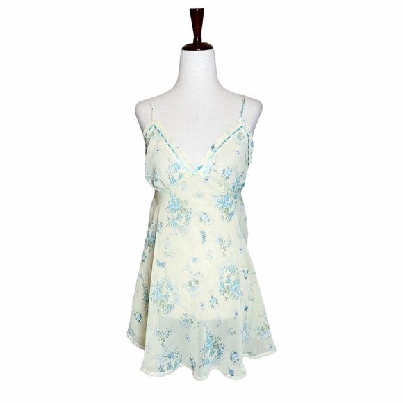 Vintage Y2K Fairycore Pale Yellow & Blue Floral Butterfly Chiffon Slip Dress - Picture 2 of 6